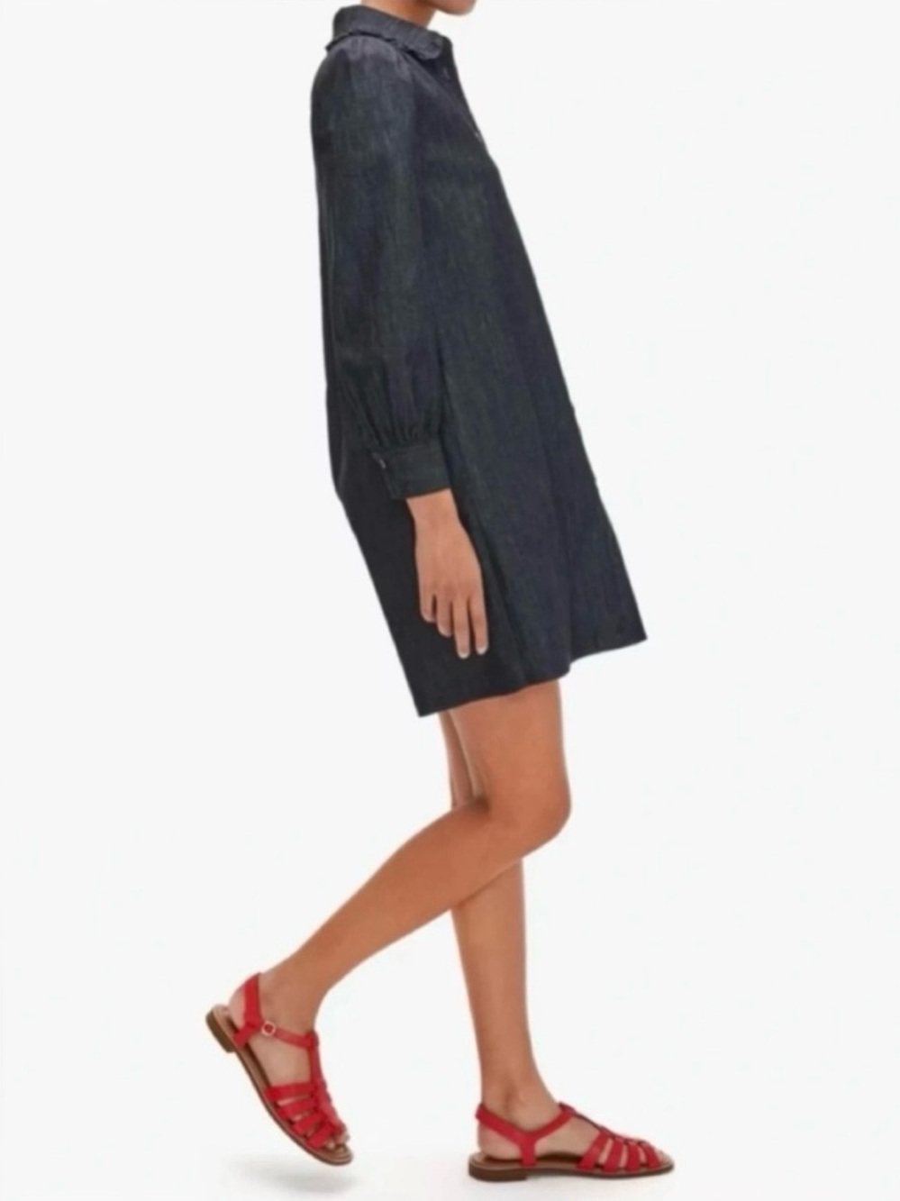Kate Spade Dark Blue Wash Ruffle Denim Mini Shirtdress with Tie Waist - Picture 3 of 13